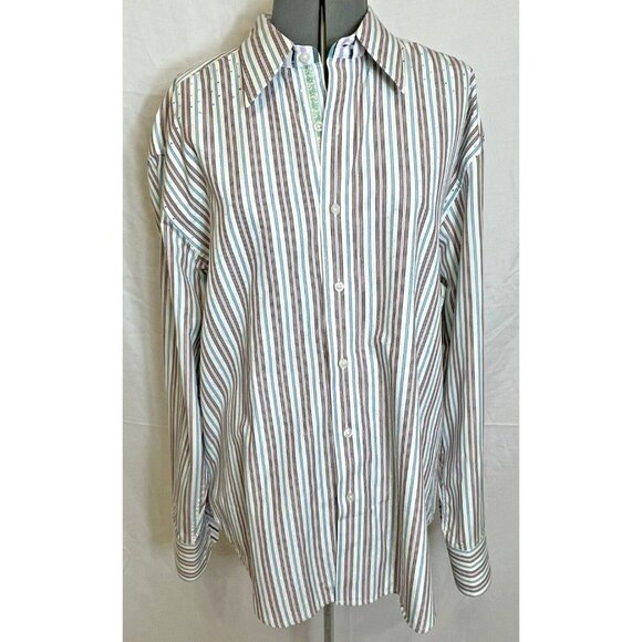 Robert Graham Men's Shirt 2XL Flip Cuff Striped Embroidered Turquoise - Picture 2 of 16